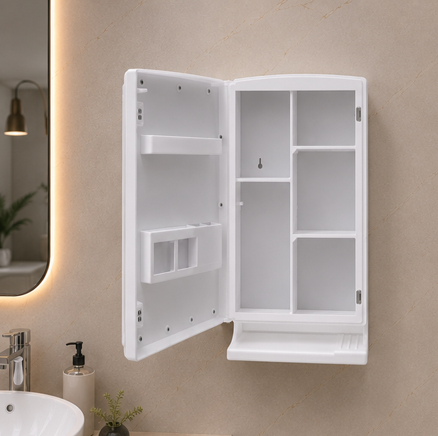 Rich Look wall mounted bathroom cabinet front open view Rich Look Bathroom Cabinet – Front View