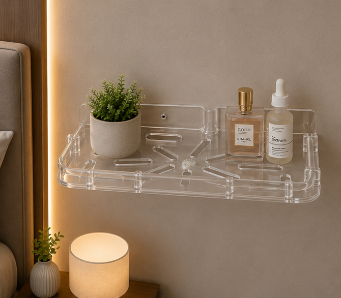 AquaBath Transparent ABS Set Top Box Wall Stand – Front View AquaBath Transparent ABS Set Top Box Wall Stand Front View 12 × 10 Inches Wall Mounted Shelf