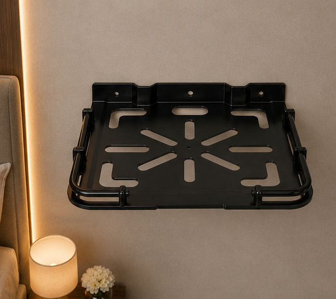 AquaBath Black ABS Set Top Box Wall Stand – Front View AquaBath Black ABS Set Top Box Wall Stand Front View 12 × 10 Inches Wall Mounted Shelf