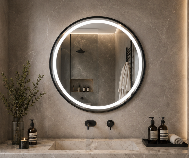 AquaBath Round LED Bathroom Mirror 24 × 24 Inch – Front View AquaBath Round LED Bathroom Mirror Front View 24 × 24 Inches