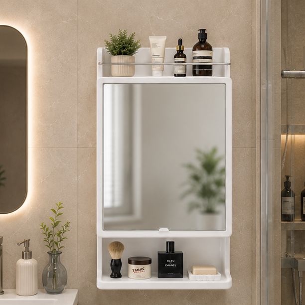 AquaBath NU Look ABS Bathroom Cabinet with Mirror Door – Front View AquaBath NU Look ABS Bathroom Cabinet with Mirror Door Front View White Wall Mounted Storage Cabinet