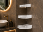 Angled View of AquaBath White ABS 3 Tier Bathroom Corner Shelf Set