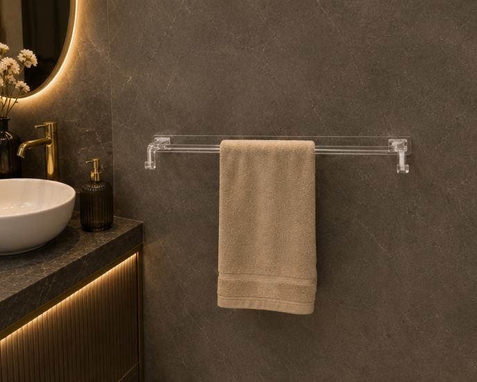 AquaBath Transparent ABS Towel Rod – Front View AquaBath Transparent ABS Towel Rod Front View 24 × 4 Inches Wall Mounted Bathroom Towel Holder