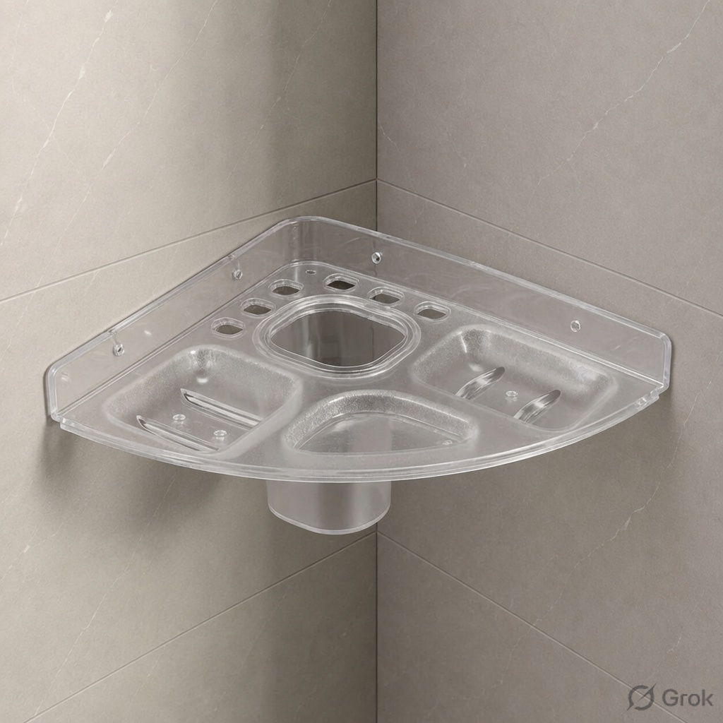 AquaBath Transparent ABS Multipurpose Corner Shelf – Product Image AquaBath Transparent ABS Multipurpose Bathroom Corner Shelf Wall Mounted Organizer