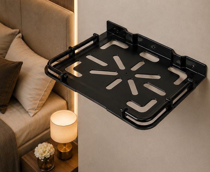AquaBath Black ABS Set Top Box Wall Stand – Angled View Angled View of AquaBath Black ABS Set Top Box Wall Stand 12 × 10 Inches