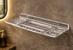 Angled View of AquaBath Transparent ABS Bathroom Organizer Shelf 16 × 5.5 Inches