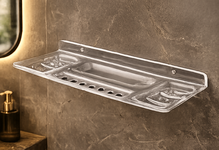 AquaBath Transparent ABS Multipurpose Bathroom Shelf – Angled View Angled View of AquaBath Transparent ABS Bathroom Organizer Shelf 16 × 5.5 Inches