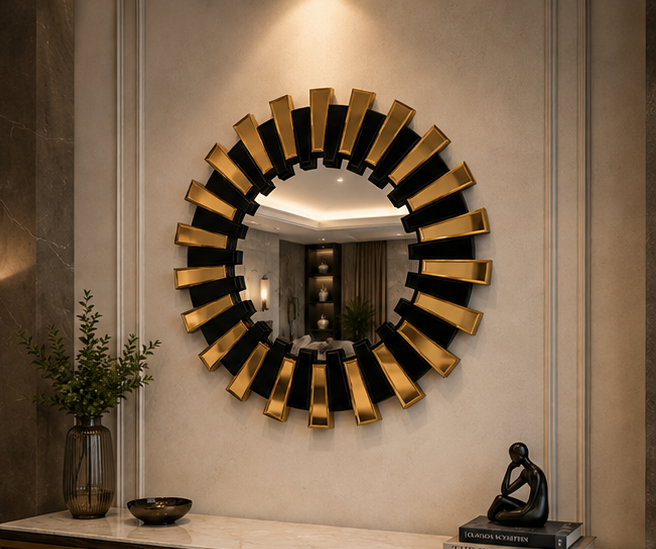 AquaBath Designer Round Decorative Mirror 24 × 24 Inch – Angled View Angled View of AquaBath Designer Round Decorative Mirror 24 × 24 Inches