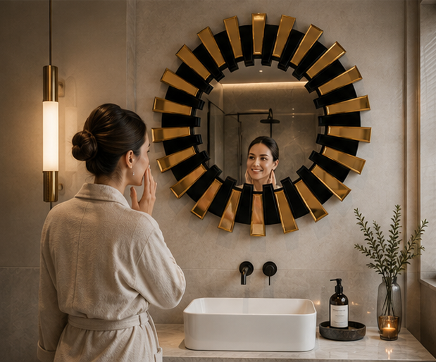 AquaBath Designer Round Decorative Mirror – Luxury Bathroom Interior Person Using AquaBath Designer Round Decorative Mirror in Modern Bathroom