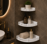 AquaBath White ABS 3 Tier Corner Shelf Set Installed with Bathroom Essentials