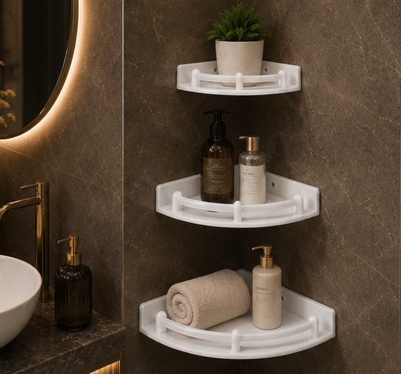 AquaBath White ABS 3-Tier Corner Shelf Set – In Use AquaBath White ABS 3 Tier Corner Shelf Set Installed with Bathroom Essentials