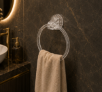 Angled View of AquaBath Transparent ABS Bathroom Towel Ring Wall Mounted 7 × 7 Inches