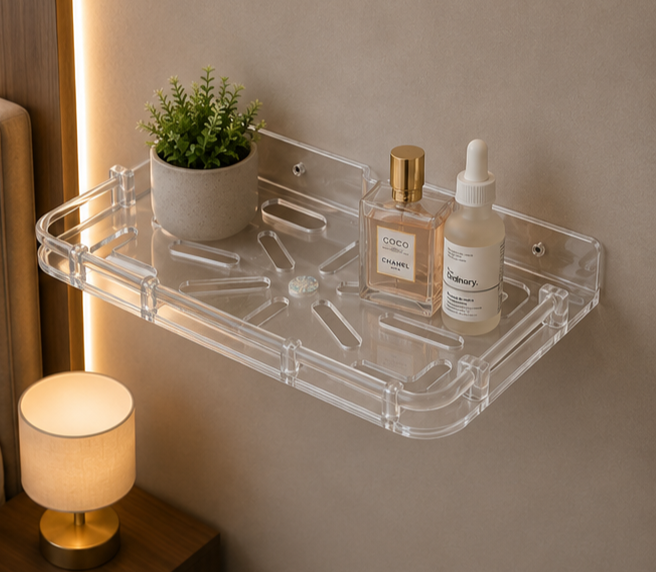 AquaBath Transparent ABS Set Top Box Wall Stand – Front View AquaBath Transparent ABS Set Top Box Wall Stand Front View 12 × 10 Inches Wall Mounted Shelf
