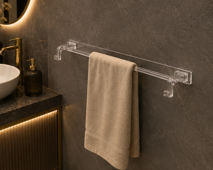 2tw Angled View of AquaBath Transparent ABS Bathroom Towel Rod Wall Mounted 24 × 4 Inches
