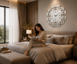 AquaBath Designer Square Wall Clock Installed in Modern Bedroom