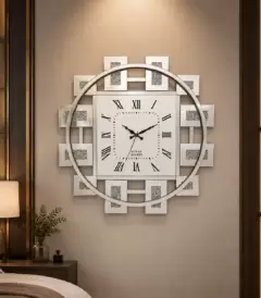AquaBath 3D Diamond with Clock 24x24 inch decorative mirror wall clock with Roman numeral dial and luxury diamond design