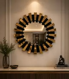 3D Lazer Mirror 24x24 inch luxury decorative round wall mirror with black and gold laser-cut designer frame by AquaBath