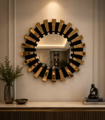 3D Lazer Mirror 24x24 inch luxury decorative round wall mirror with black and gold laser-cut designer frame by AquaBath
