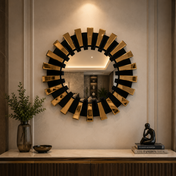 3D Lazer Mirror 24x24 inch luxury decorative round wall mirror with black and gold laser-cut designer frame by AquaBath