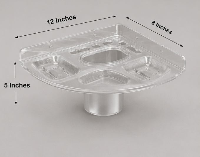 AquaBath Transparent ABS Multipurpose Corner Shelf – Angled View Angled View of AquaBath Transparent ABS Multipurpose Corner Shelf 12 × 8 × 5 Inches