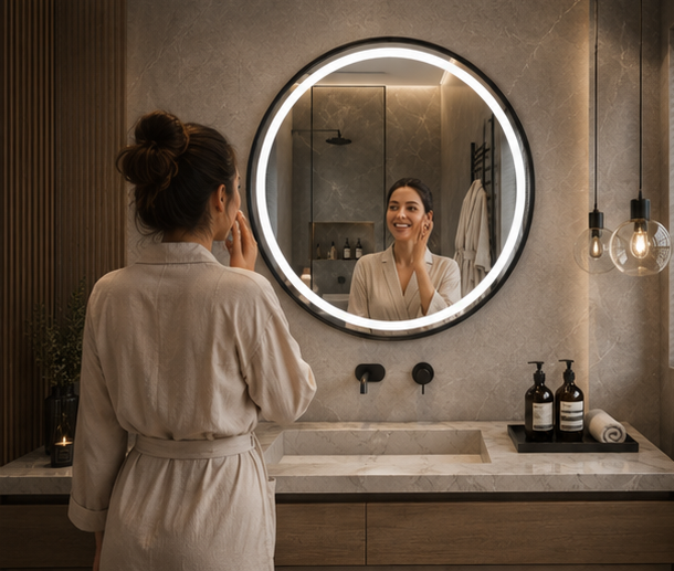 AquaBath Round LED Bathroom Mirror – Everyday Use Person Using AquaBath Round LED Bathroom Mirror in Modern Bathroom