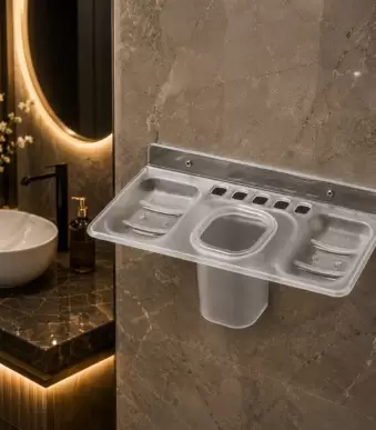 AquaBath premium plastic 4 in 1 soap dish with double soap tray, tumbler holder and toothbrush holder wall mounted bathroom organizer