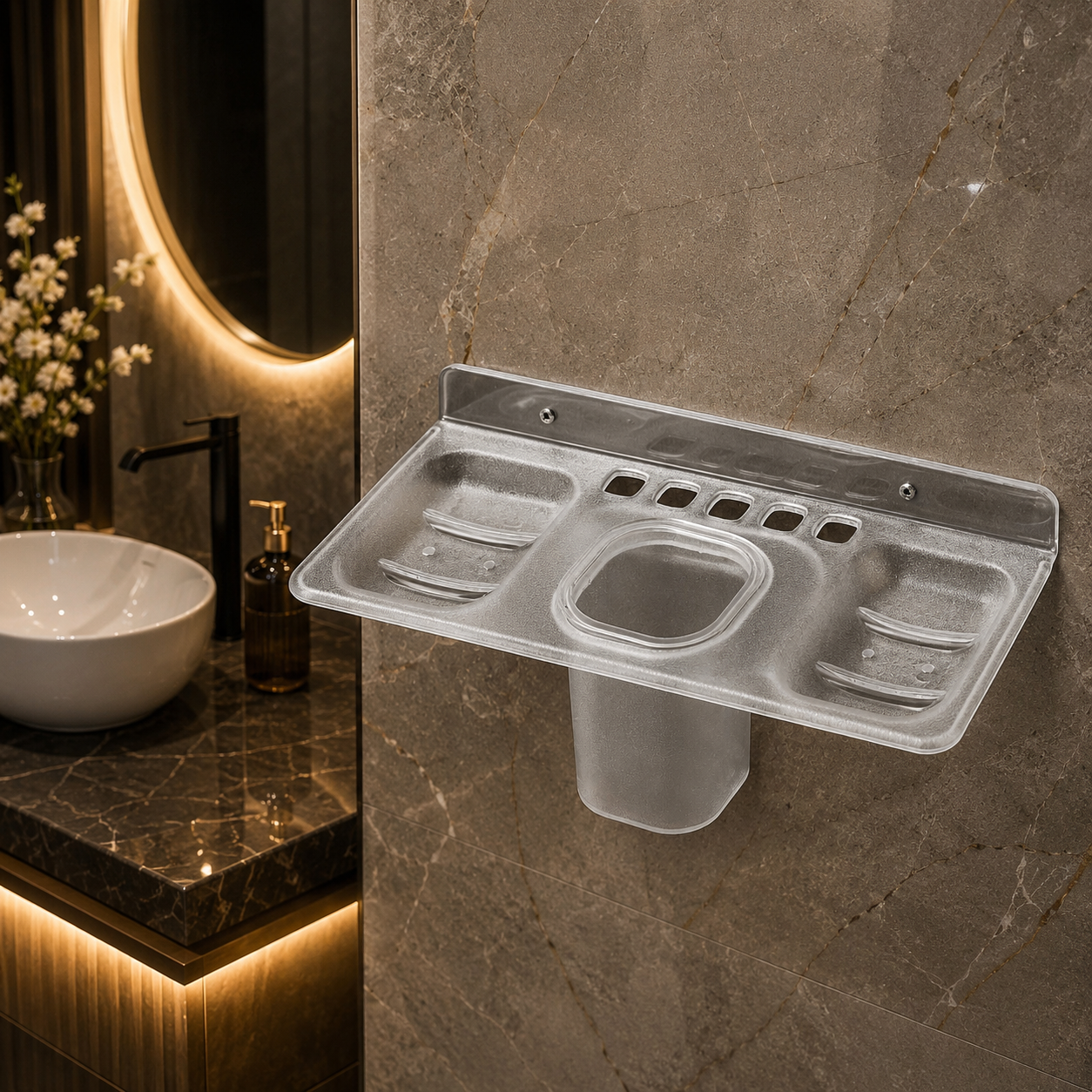 AquaBath 4 in 1 Soap Dish with Double Soap Tray AquaBath premium plastic 4 in 1 soap dish with double soap tray, tumbler holder and toothbrush holder wall mounted bathroom organizer