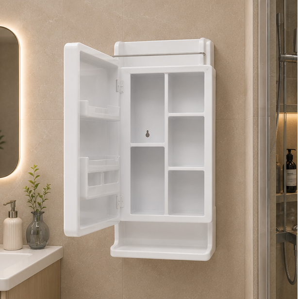 AquaBath NU Look Bathroom Cabinet Interior Storage Open View of AquaBath NU Look ABS Bathroom Cabinet with Mirror Door and Multiple Storage Compartments