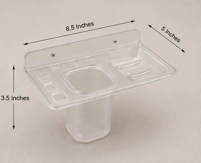 AquaBath Transparent ABS Toothbrush Holder with Tumbler Dimensions Dimension View of AquaBath Transparent ABS Toothbrush Holder Showing 10 × 5 × 5 Inch Size