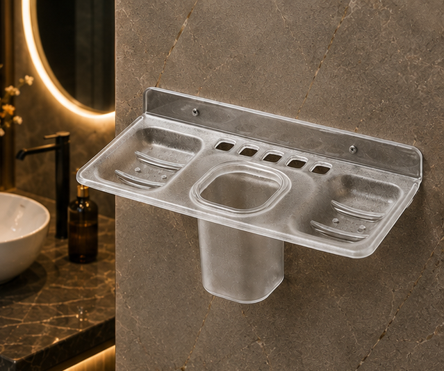 AquaBath Transparent ABS Toothbrush Holder Shelf – Angled View Angled View of AquaBath Transparent ABS Toothbrush Holder Shelf 12 × 5 × 5 Inches