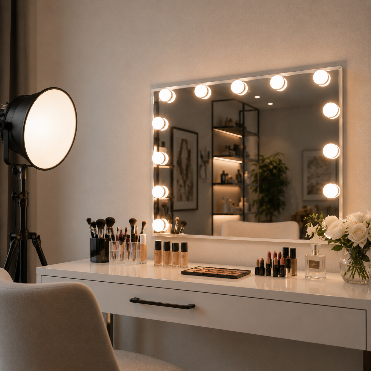 AquaBath Hollywood Vanity Mirror – Professional Makeup View Close-Up View of AquaBath Hollywood LED Vanity Mirror