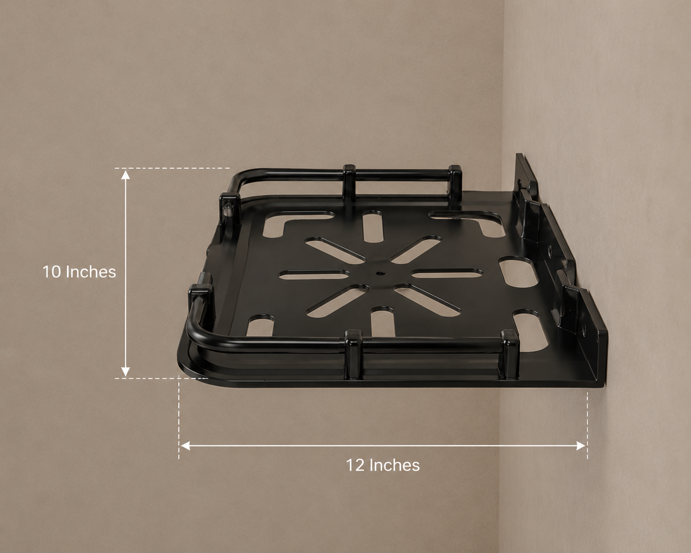 AquaBath Black ABS Set Top Box Wall Stand Dimensions Side Profile of AquaBath Black ABS Set Top Box Wall Stand Showing 12 × 10 Inch Dimensions