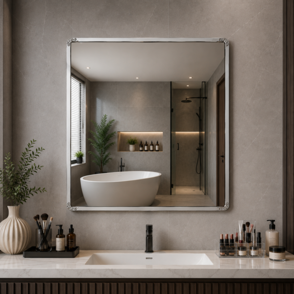 AquaBath SS Frame Mirror 24x24 inch premium stainless steel bathroom wall mirror with polished SS frame