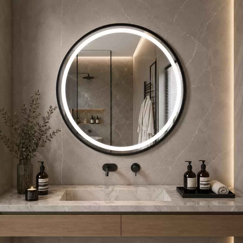 AquaBath Aluminium LED Mirror 24x24 inch round bathroom mirror with aluminium frame, three colour LED lighting and touch sensor