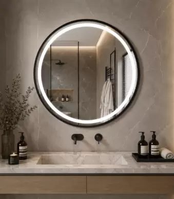 AquaBath Aluminium LED Mirror 24x24 inch round bathroom mirror with aluminium frame, three colour LED lighting and touch sensor
