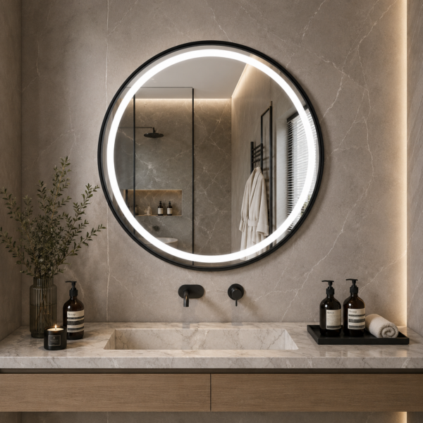 AquaBath Aluminium LED Mirror 24x24 inch round bathroom mirror with aluminium frame, three colour LED lighting and touch sensor