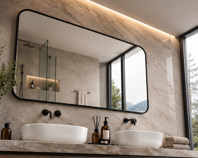 AquaBath Black Frame Bathroom Mirror 24 × 18 Inch – Angled View Angled View of AquaBath Black Frame Bathroom Mirror 24 × 18 Inches