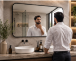 Man Using AquaBath Black Frame Bathroom Mirror in Modern Bathroom