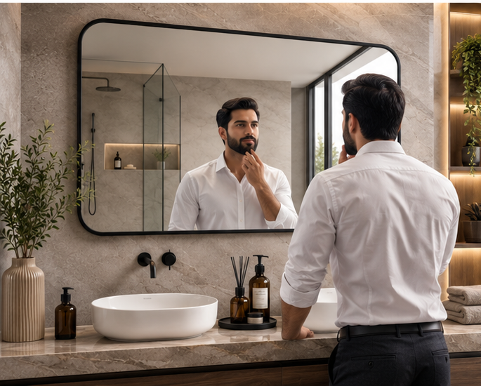 AquaBath Black Frame Bathroom Mirror – Everyday Use Man Using AquaBath Black Frame Bathroom Mirror in Modern Bathroom