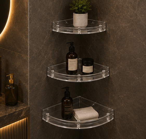 AquaBath Transparent ABS 3-Tier Corner Shelf Set – Lifestyle View AquaBath Transparent ABS Corner Shelf Set with Bathroom Essentials
