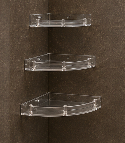 AquaBath Transparent ABS 3-Tier Corner Shelf Set – Installed View AquaBath Transparent ABS 3 Tier Corner Shelf Set Installed on Bathroom Wall