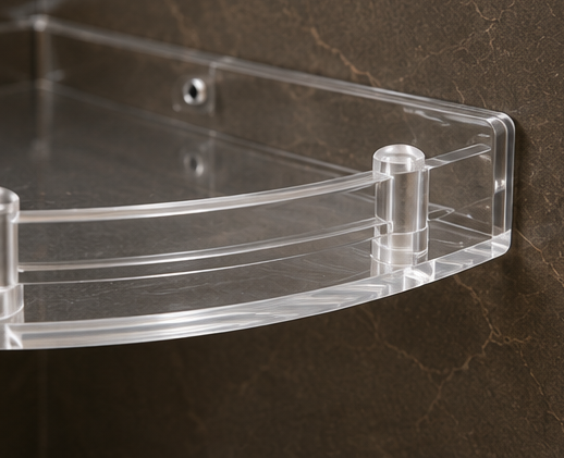 AquaBath Transparent ABS Corner Shelf – Close-Up Close-Up of AquaBath Transparent ABS Corner Shelf Showing Premium Finish and Safety Rail