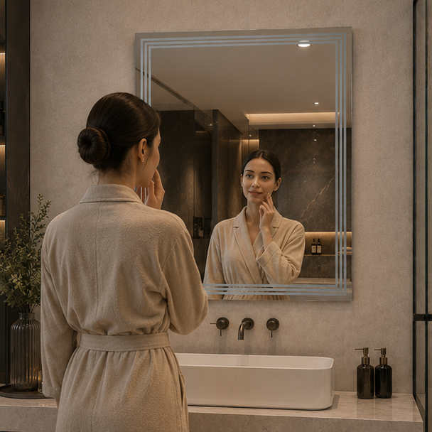 AquaBath Back Frosted Mirror – Lifestyle View Person Using AquaBath Back Frosted Bathroom Mirror