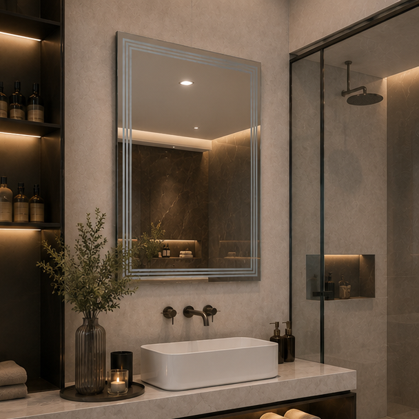 AquaBath Back Frosted Mirror 18 × 24 Inch – Side Angle View Angled View of AquaBath Back Frosted Bathroom Mirror