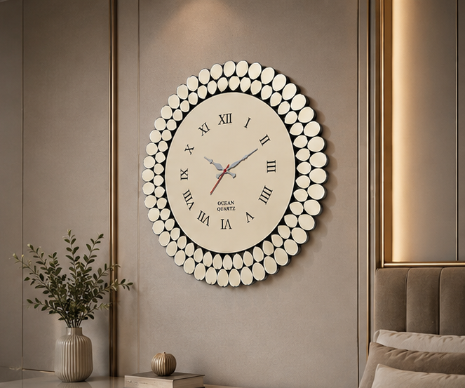 AquaBath Decorative Round Wall Clock 24 × 24 Inch – Angled View Angled View of AquaBath Decorative Round Wall Clock 24 × 24 Inches