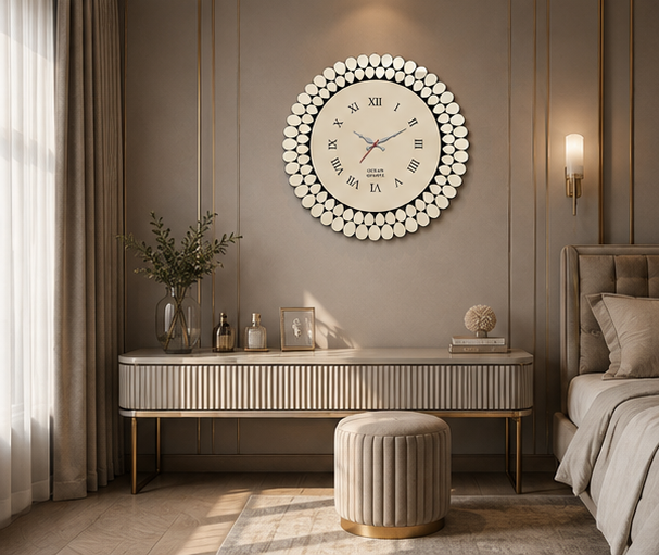 AquaBath Decorative Round Wall Clock – Luxury Interior AquaBath Decorative Round Wall Clock Installed in Modern Bedroom