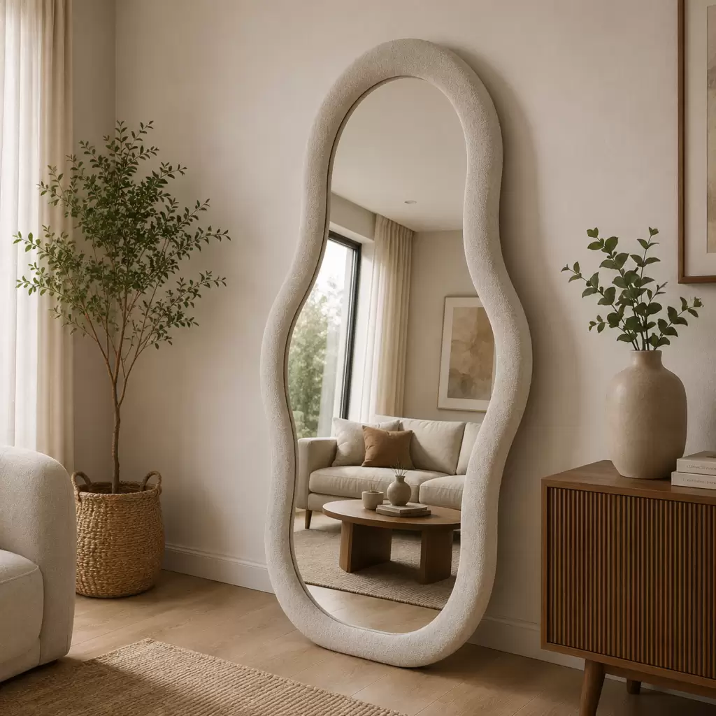 AquaBath Cloth Mirror 18x24 inch decorative wall mirror with premium fabric upholstered wooden frame and organic shape