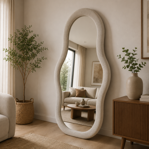 AquaBath Cloth Mirror 18x24 inch decorative wall mirror with premium fabric upholstered wooden frame and organic shape