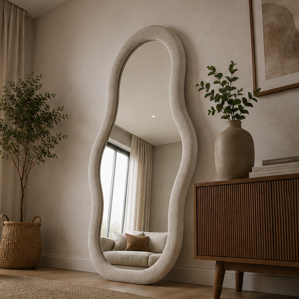 AquaBath Designer Irregular Floor Mirror 18 × 24 Inch – Angled View Angled View of AquaBath Designer Irregular Floor Mirror