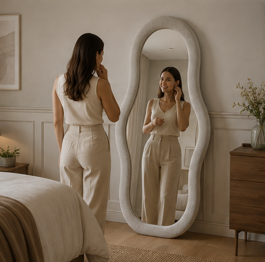 AquaBath Designer Floor Mirror – Lifestyle View Person Using AquaBath Designer Irregular Floor Mirror